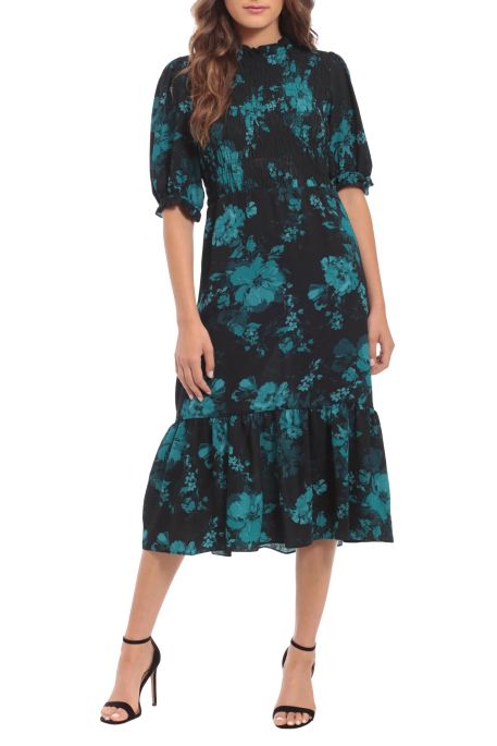 London Times Ruffled High Neck Short Sleeve Smocked Bodice Multi Print Tiered Printed Crepe Dress