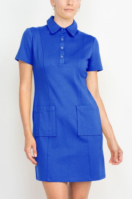London Times Collared Button Short Sleeve Bodycon Solid Short Scuba Dress with Pockets