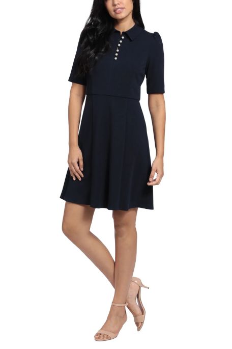 London Times Collared Pearl Button Detail Short Sleeve Solid Scuba Crepe Dress