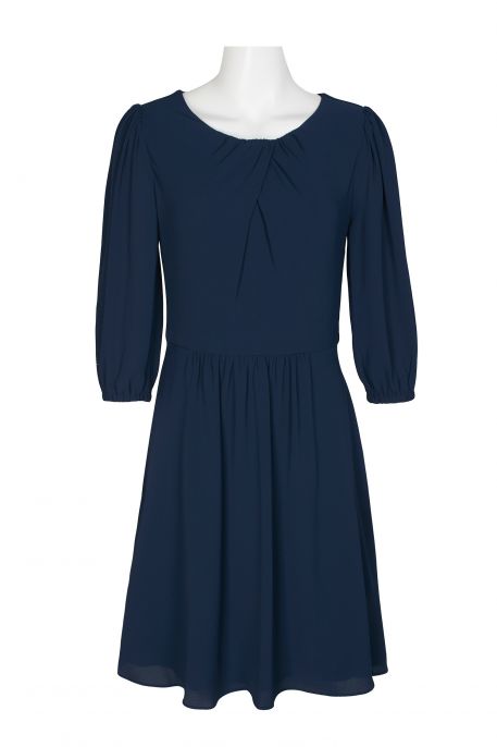 London Times Pleated Scoop Neck Elbow Sleeve Solid Fit & Flare Crepe Dress