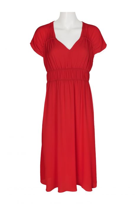 London Times V-Neck Cap Sleeve Ruched Bodice Solid Catalina Crepe Dress