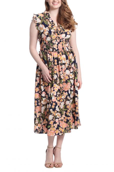London Times Ruffled V-Neck and Shoulders Elastic Waist Floral Print Bubble Crepe Dress