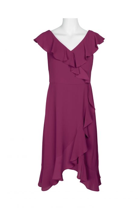 London Times V-Neck Ruffled Sleeveless Zipper Back Solid Crepe Dress