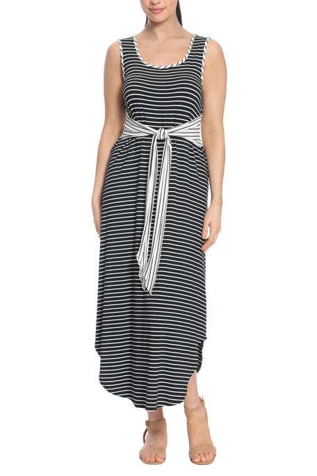 London Times Scoop Nek Sleeveless Tie Waist Stripe Print Rayon Jersey Dress