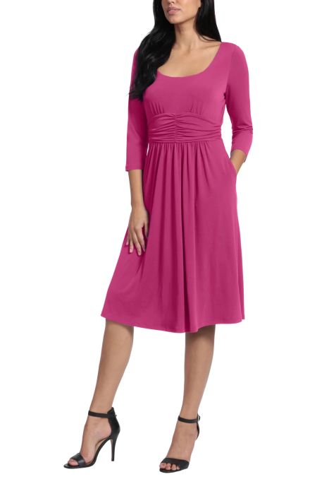 London Times Square Neck 3/4 Sleeve Ruched Waist Solid Matte Jersey Dress