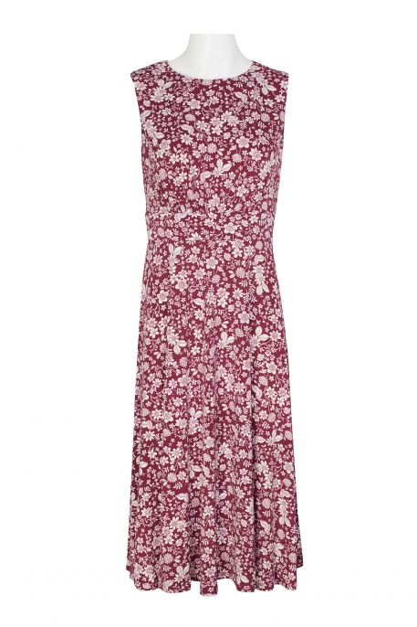 London Times Crew Neck Sleeveless Ruched Banded Waist Floral Print Fit & Flare Matte Jersey Dress
