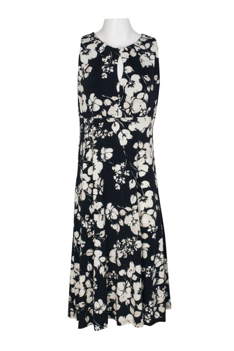 London Times Pleated Crew Neck Keyhole Front Zipper Back Floral Print Fit & Flare Matter Jersey Dress