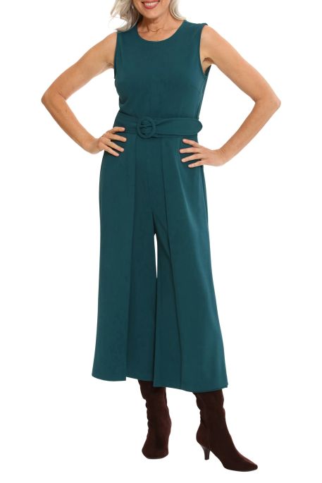 London Times crew neck sleeveless belted solid wide leg stretch crepe jumpsuit