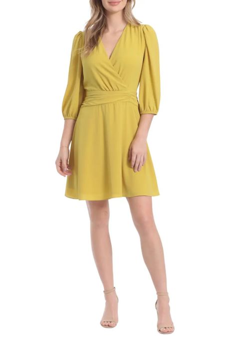 London Times Surplice Neck Elastic Cuff 3/4 Sleeve Ruched Waist Solid Crepe Dress