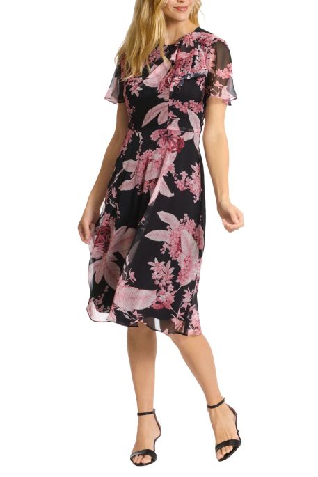 London Times Draped Bow Neck Flutter Sleeve Floral Print Yoryu Dress