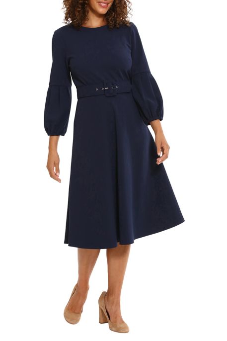 London Times crew neck bell sleeve belted zipper closure solid A-line scuba crepe dress