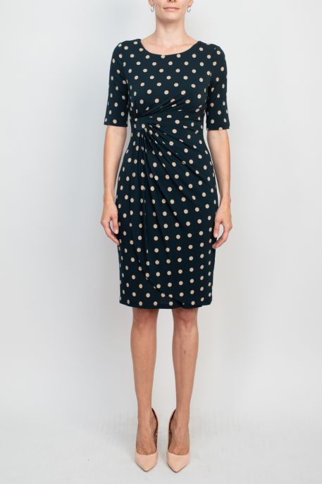 Connected Apparel boat neck elbow sleeve faux wrap detail stretch knit polka dot dress