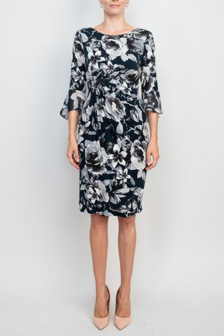 Connected Apparel boat neck slit 3/4 circular flounce sleeve gathered side floral print ity shift dress