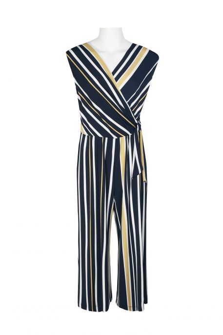 Connected Apparel V-Neck Cap Sleeve Tie Side Stripe Print Pattern Jersey Jumpsuit