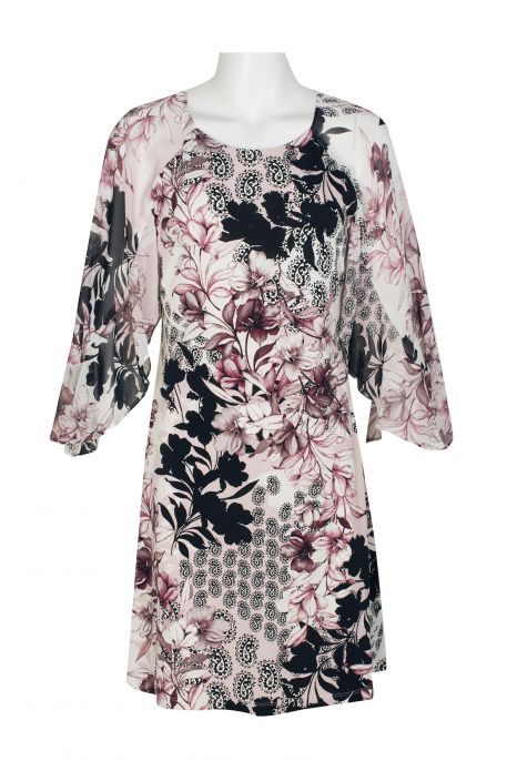Connected Apparel Scoop Neck 3/4 Sleeve Ruffled Shoulder Multi Print Fit & Flare ITY Dress