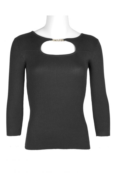 T Tahari Boat Neck Gold Metal Chain 3/4 Sleeve Ribbed Cutout Front Knit Top