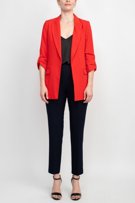 T Tahari Notched Collar 3/4 Roll Shank Button Detail Sleeve with Flap Pocket Solid Crepe Jacket