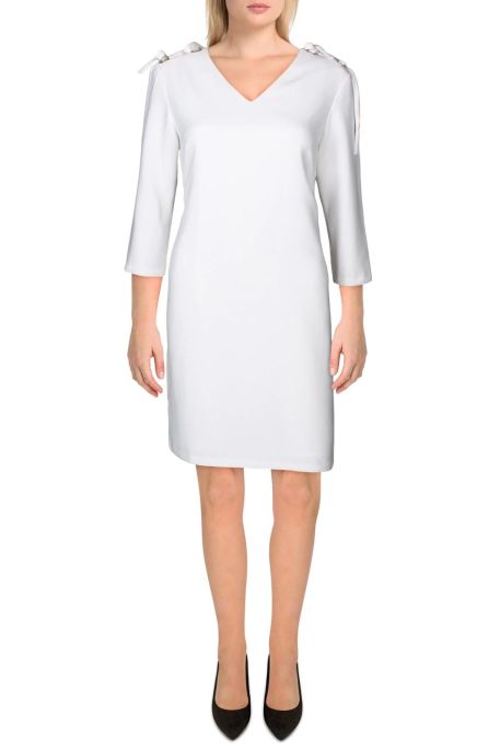 T Tahari V-Neck 3/4 Sleeve Ribbon Shoulder Solid Polyester Dress