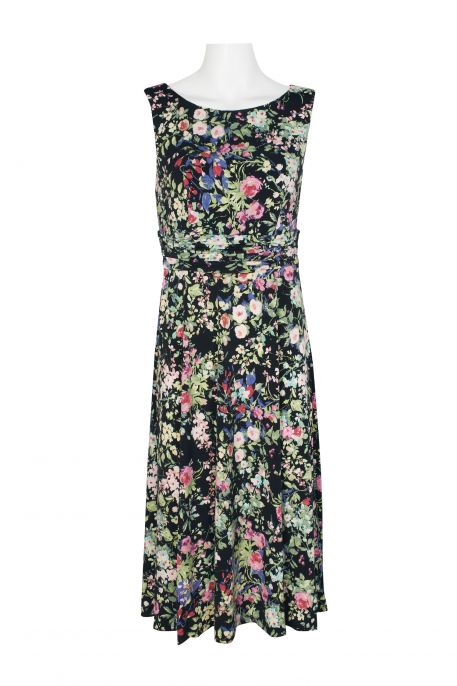 Connected Apparel Boat Neck Sleeveless Ruched Waist Floral Print Fit & Flare Jersey Dress