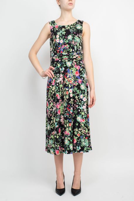 Connected Apparel Boat Neck Sleeveless Ruched Waist Floral Print Fit & Flare Jersey Dress