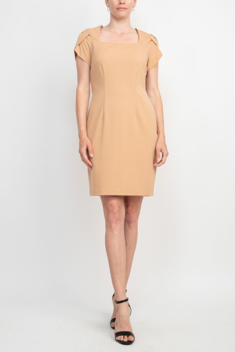 Connected Apparel Square Neck Short Sleeve Zipper Back Bodycon Solid Stretch Crepe Dress