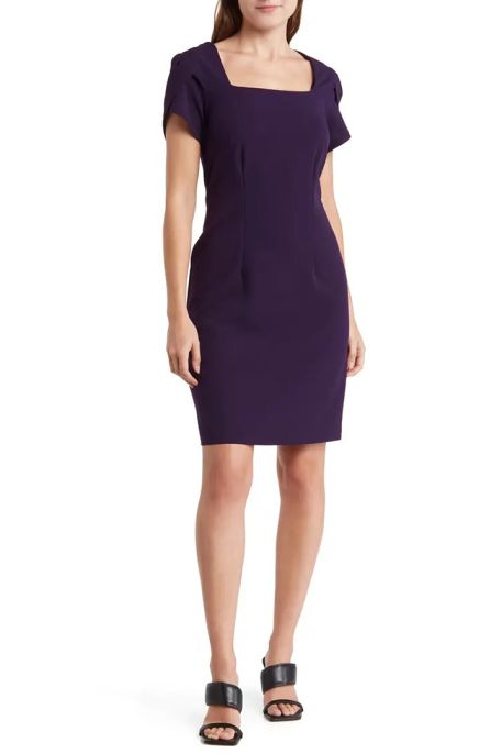Connected Apparel square neck petal sleeve zipper closure bodycon solid stretch crepe dress