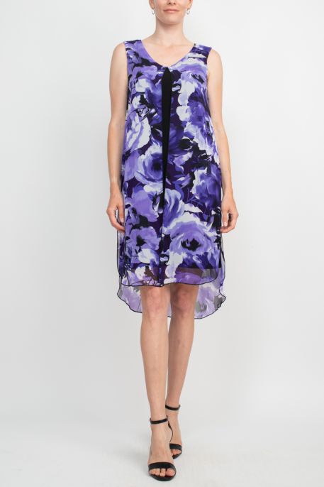 Connected Apparel Scoop Neck Sleeveless Floral Print Chiffon Overlay Stretch Crepe Dress