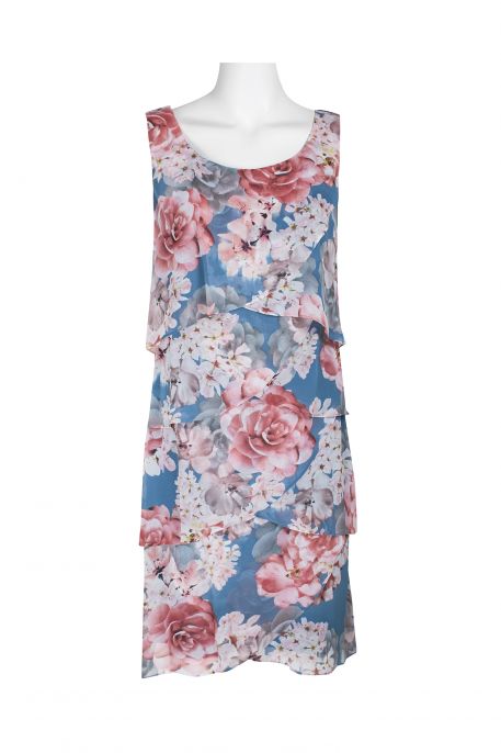 Connected Apparel Boat Neck Sleeveless Tiered Floral Print Chiffon Dress