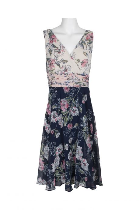 Connected Apparel V-Neck Sleeveless Ruched Waist Floral Print Chiffon Dress