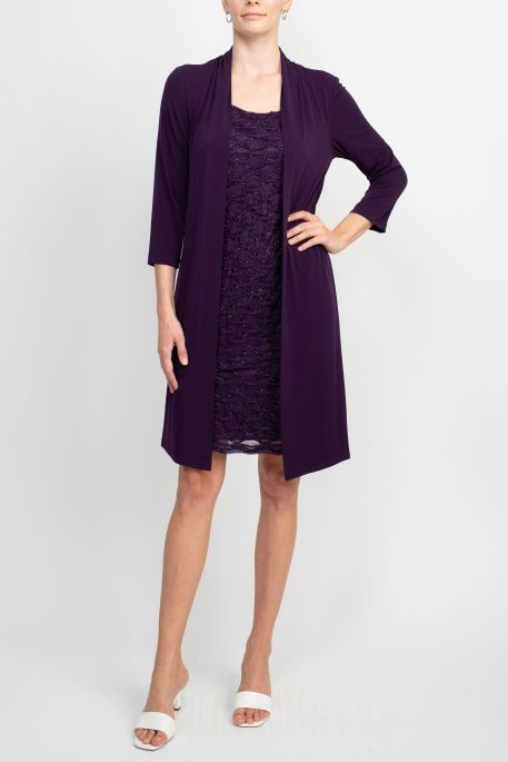 Connected Apparel Scoop Neckline 3/4 Sleeves Pull Over Short Metallic Knit Dress with Attached Jacket