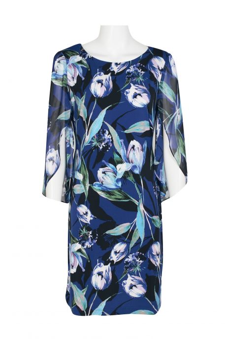 Connected Apparel Scoop Neck 3/4 Chiffon Sleeve Floral Print Shift Dress