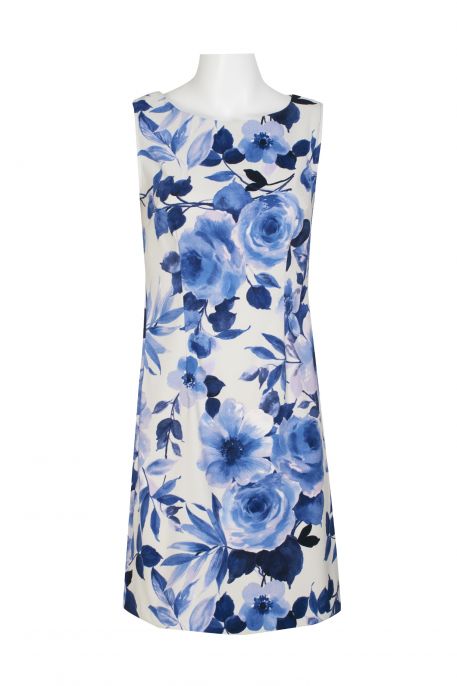 Connected Apparel Boat Neck Sleeveless Zipper Back Floral Print Shift Crepe Dress