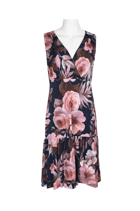 Connected Apparel V-Neck Sleeveless Floral Print Fit & Flare ITY Dress
