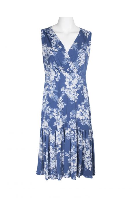 Connected Apparel V-Neck Sleeveless Ruched Floral Print Fit & Flare ITY Dress