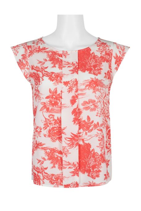 Tahari ASL Scoop Neck Cap Sleeve Pleated Front Floral Print Polyester Top