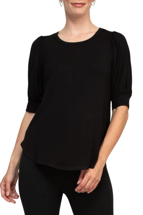 Joan Vass NY Scoop Neck Short Shirred Sleeve Solid Shirttail Hem