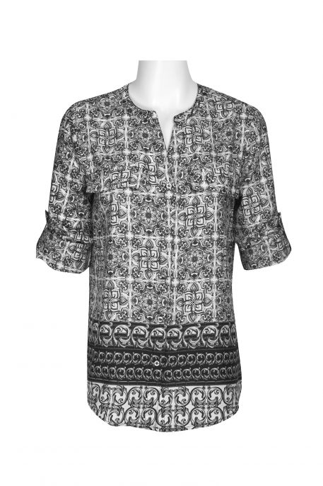 Joan Vass NY V-Neck 3/4 Roll ab Sleeve Shoulder Strap Multi Print Button Up Flap Pocket Woven Blouse