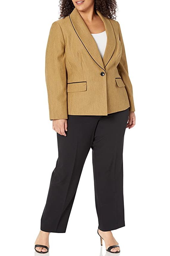 Le Suit V-Neck Long Sleeve Shawl Collar One Button Closure Mini Herringbone  Jacket with Mid Waist Elastic Back Waist Solid Slim Pants (Plus Size)  WHOLESALE WOMEN'S APPAREL | WHOLESALE WOMENS APPAREL