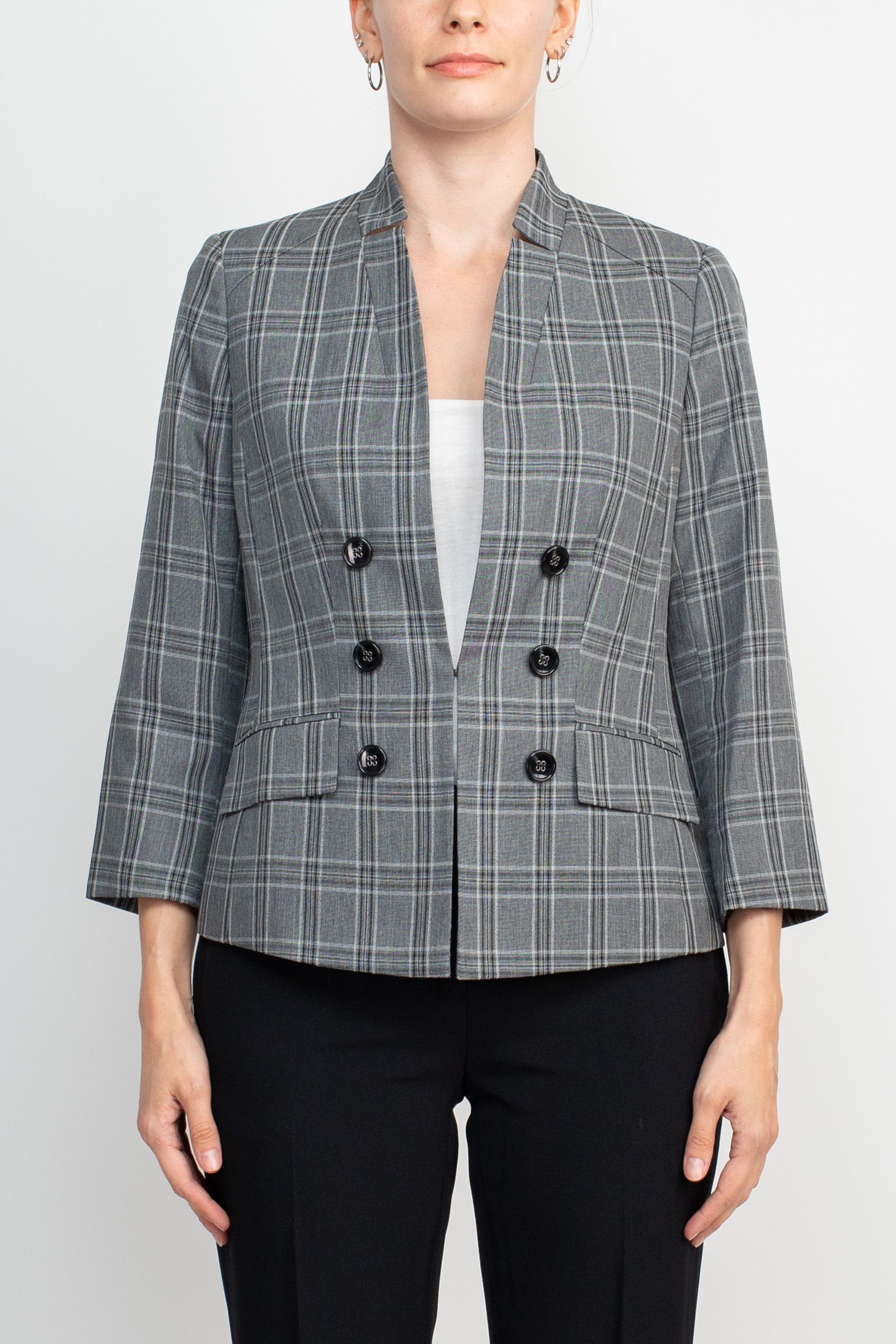 Le Suit Windowpane Pattern 6 Button Hook Closure Jacket with