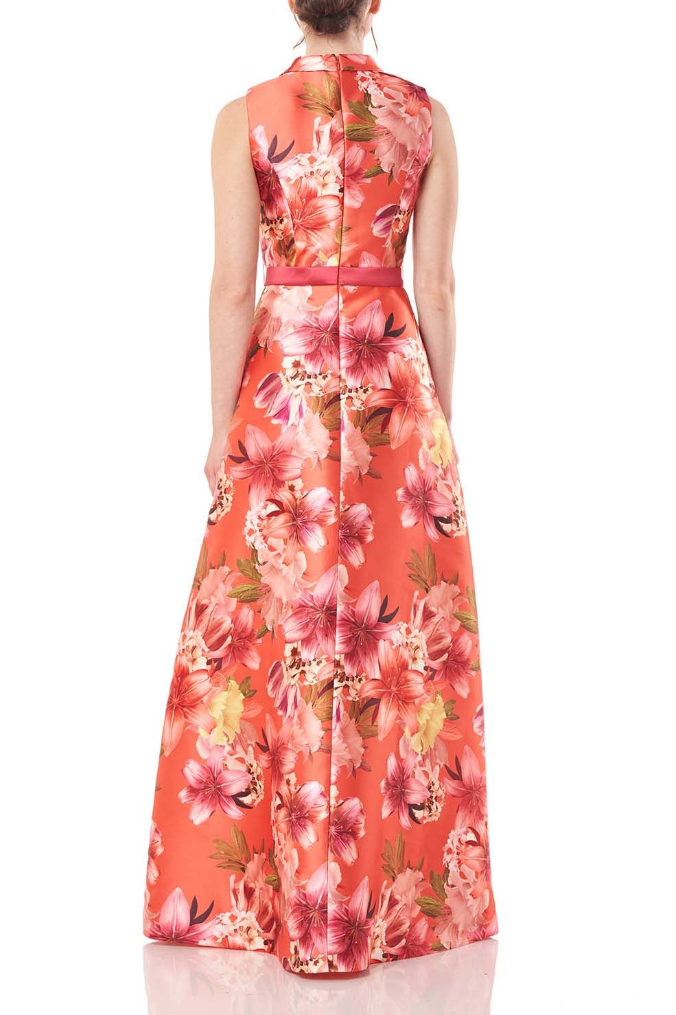 Kay Unger V-neck sleeveless collared zipper closure floral mikado gown ...