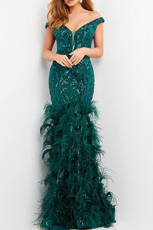 Jovani feather skirt sequin bodycon gown