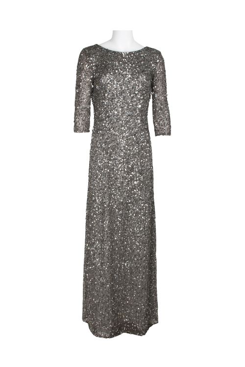 Adrianna Papell Boat Neck 3/4 Sleeve Sequined Scoop Back Zipper Back Mesh Dress