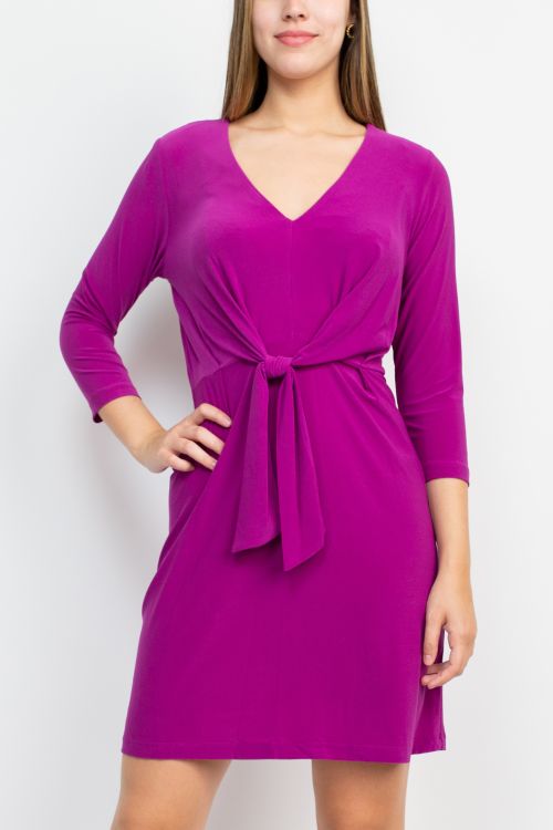 Emma & Michele V-Neck 3/4 Sleeve Tie Front Solid Bodycon Jersey Dress