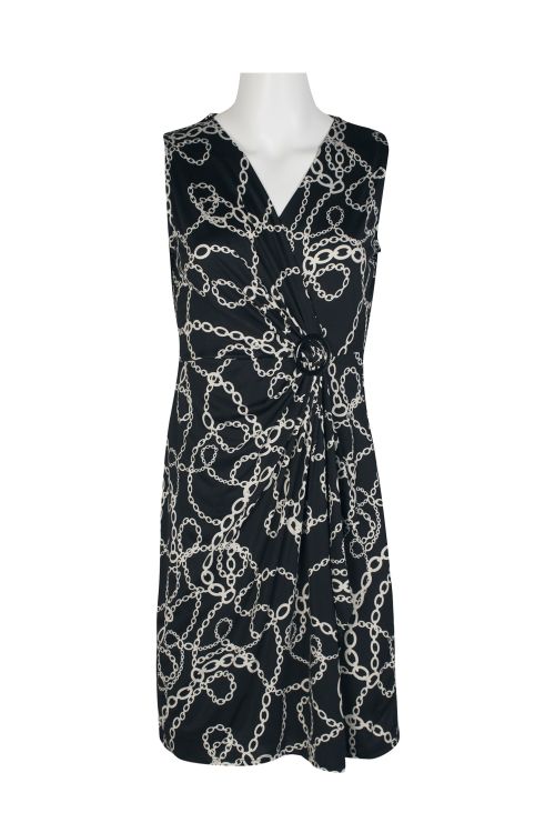 Emma & Michele V-Neck Sleeveless Faux Tie Front Chain Print Short ITY Dress