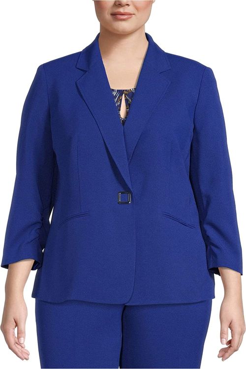 Kasper Notched Collar Ruched Long Sleeve Snap Front Solid Crepe Jacket