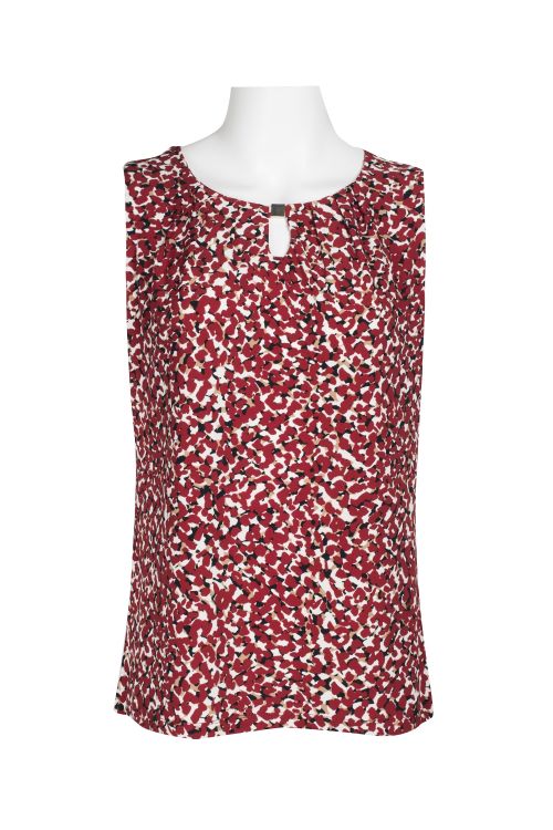 Kasper Crew Neck Sleeveless Keyhole Front Printed ITY Top with Hardware