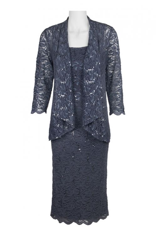 Alex Evenings Square Neck Sleeveless Zipper Back Slit Back Sequin Lace Dress with Jacket