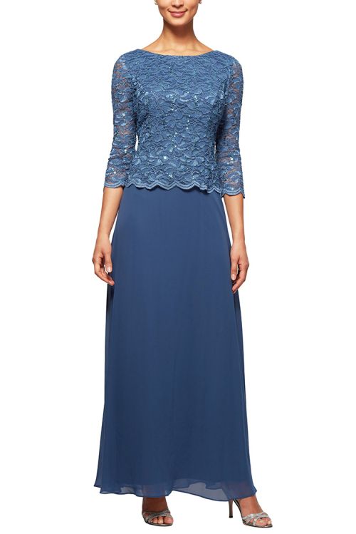 Alex Evenings boat neck 3/4 sleeve scalloped detail lace and chiffon gown