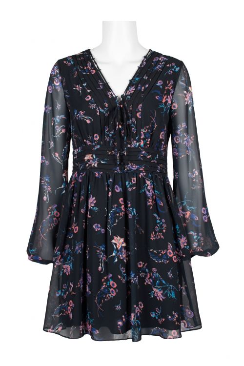 Sam Edelman V-Neck Long Sleeve Tie Front Pleated Floral Print Chiffon Dress