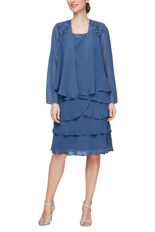 SL Fashion Embellished Scoop Neck Sleeveless Tier Chiffon Dress with Matching Embellished Shoulder